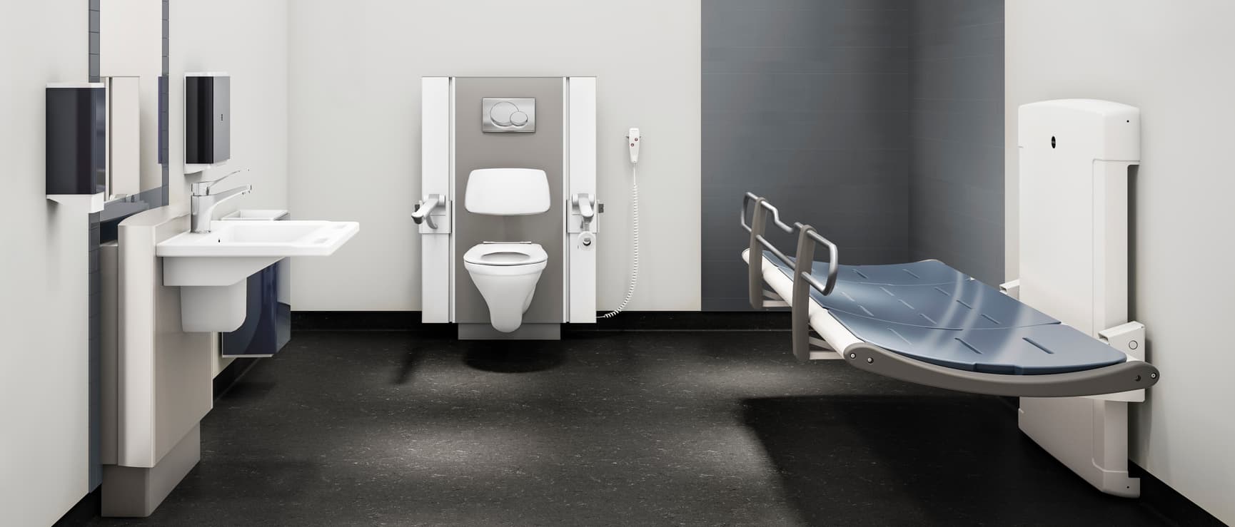 Pressalit SCT 3000 shower and changing table in accessible bathroom