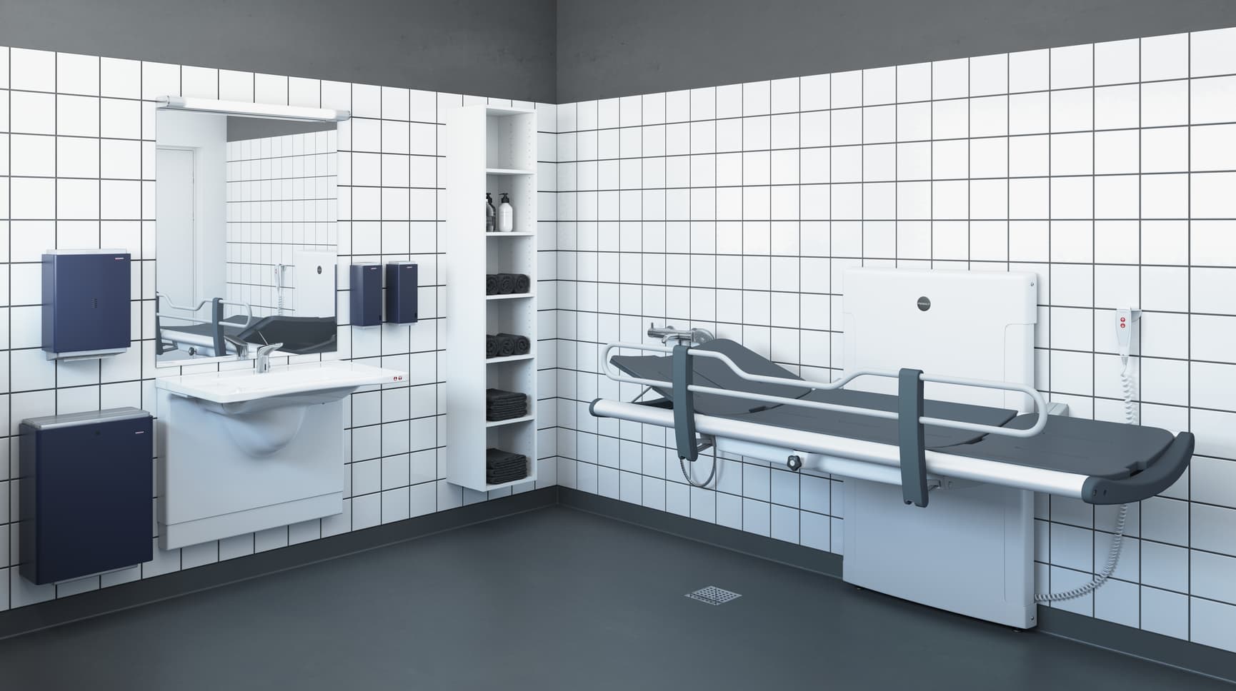 Pressalit SCT 3000 shower and changing table in bathroom