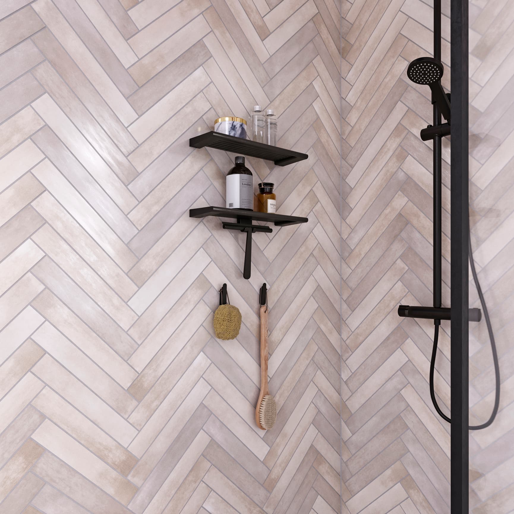 Black bathroom accessories mounted in shower