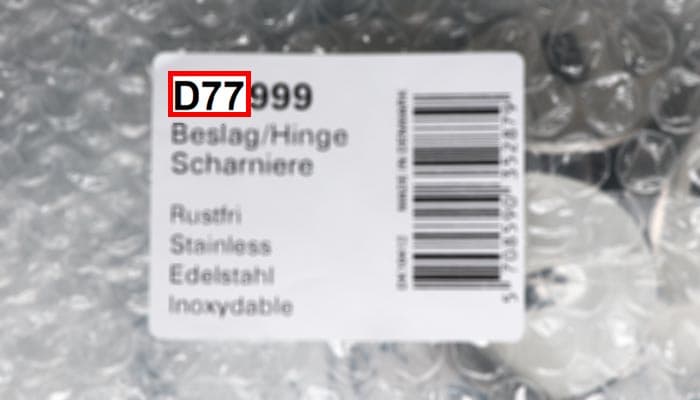 Location of hinge ID number on bag of fittings