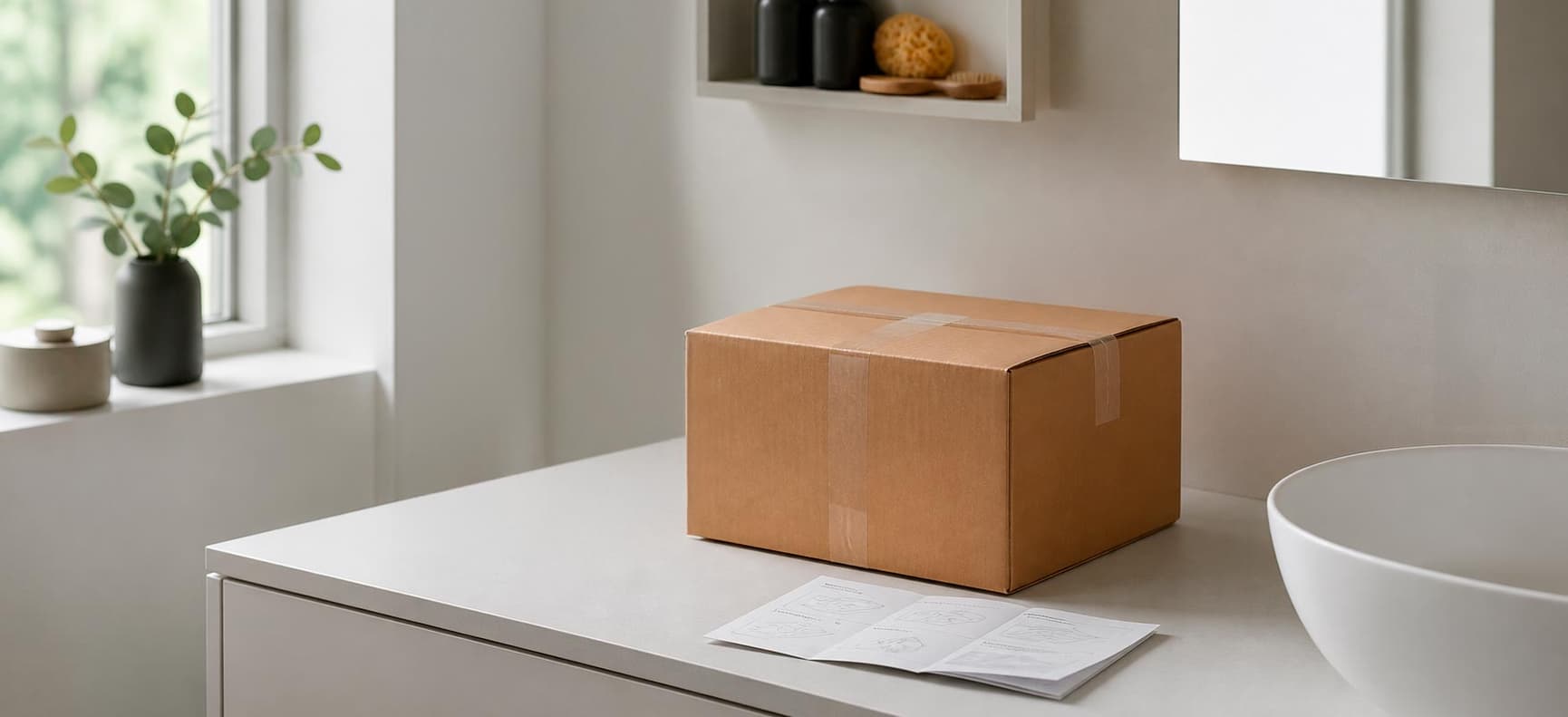 Cardboard box and paper guide on worktop