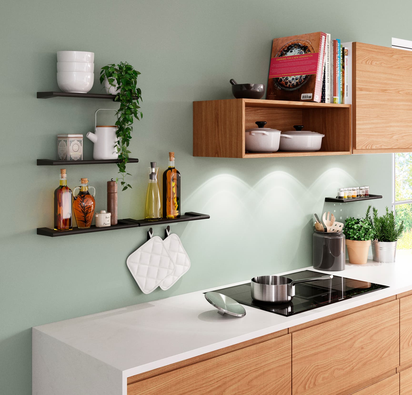 Black bathroom accessories mounted on kitchen wall