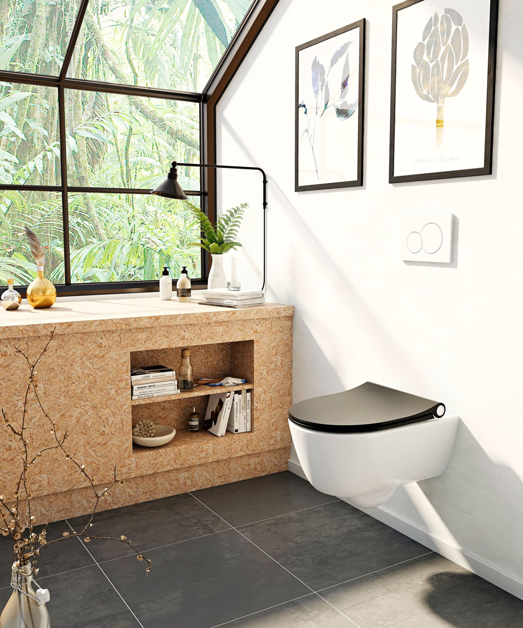 Black Pressalit toilet mounted on wall-hung toilet
