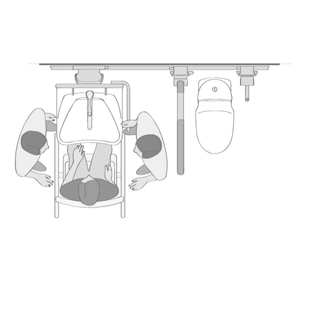 Illustration of accessible bathroom wash basin area, seingle user with carers