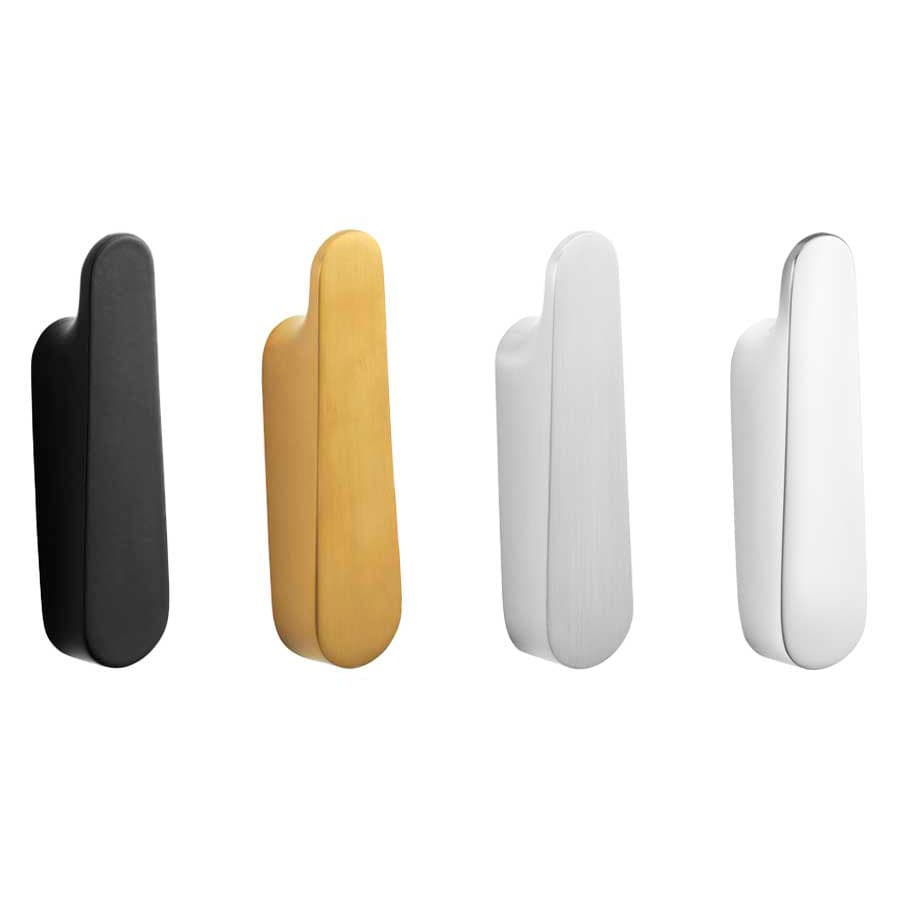 Pressalit STYLE towel hooks in matt black, brushed brass, brushed steel and chrome