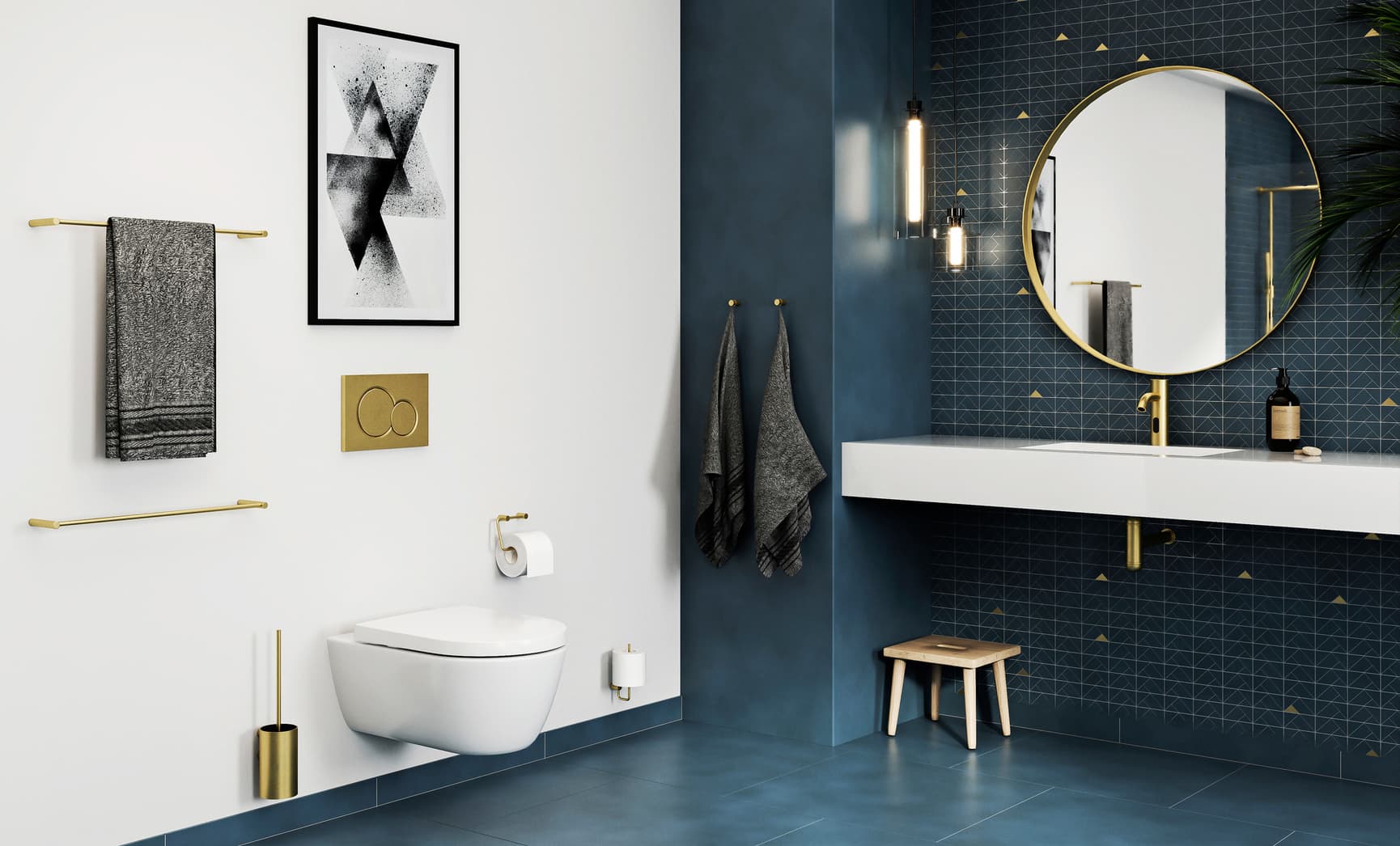 Brushed brass bathroom accessories in blue and white bathroom